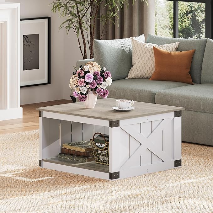 WLIVE Coffee Table, Farmhouse Coffee Table with Open Storage, 31.5" Wood Square Living Room Tables, Rustic Dining Cocktail Center Table for Living Room, Grey & White