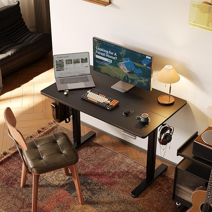 Seang Standing Desk with Adjustable Height, 48x24 Inch Electric Stand Up Desk for Home Office, Studio, Computer Workstation, Black Top