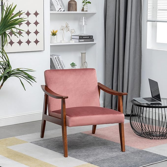 Container Furniture Direct Accent Chair with Velvet Upholstery and Solid Wood Frame, Classic Mid-Century Modern Living Room Furniture for Extra Seating, Rose