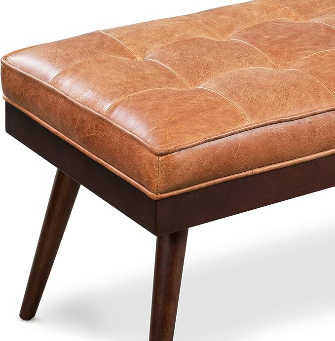 POLY & BARK 55" Tufted Leather Bed Bench for Bedroom End of Bed - Living Room Entry Way Bench - Pure Italian Leather Upholstery with a Solid Wood Frame - Ottoman Bench with Wooden Legs - Cognac Tan