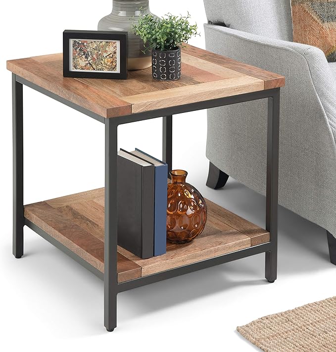 SIMPLIHOME Skyler SOLID MANGO WOOD and Metal 22 inch Wide Square Industrial End Table in Natural for the Living Room and Bedroom
