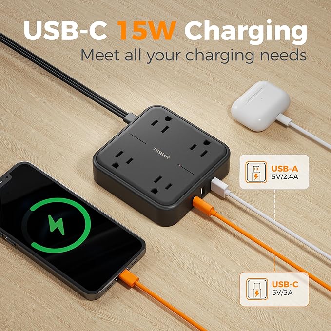 Surge Protector Flat Extension Cord 10FT, TESSAN Flat Plug Power Strip with 4 Outlets 3 USB Ports (1 USB C), 900 Joules Protection, Multiple Wall Outlet Extender Suitable for Home Office Dorm, Black