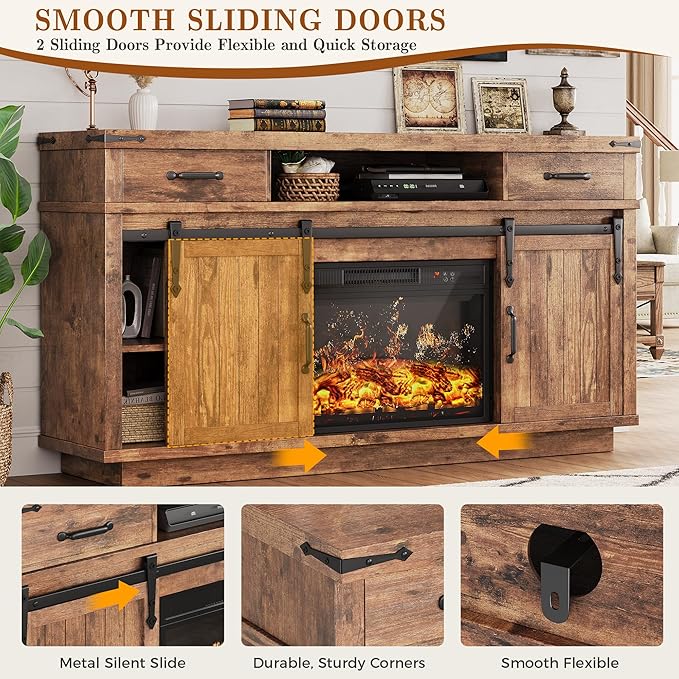 59'' Fireplace TV Stand with 3D Flame Electric Fireplace Heater, 34'' Tall Farmhouse TV Stand for 65 Inch TV, Entertainment Center TV Console with 2 Drawers, Sliding Barn Door for Living Room - Brown