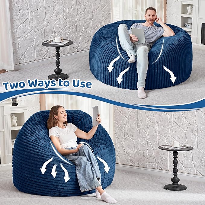 HABUTWAY 3FT Bean Bag Chair, 3' Large Bean Bag Chairs for Adults with Removable Stripe Plush Cover, Memory Foam Beanbag Chair for Living Room Bedroom Dorm (Blue)