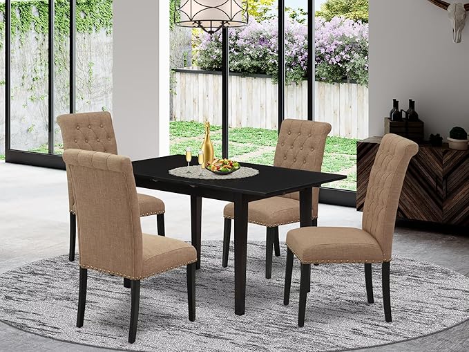 East West Furniture NOBR5-BLK-17 5 Piece Kitchen Set for 4 Includes a Rectangle Dining Room Table with Butterfly Leaf and 4 Light Sable Linen Fabric Parsons Chairs, 32x54 Inch, Black