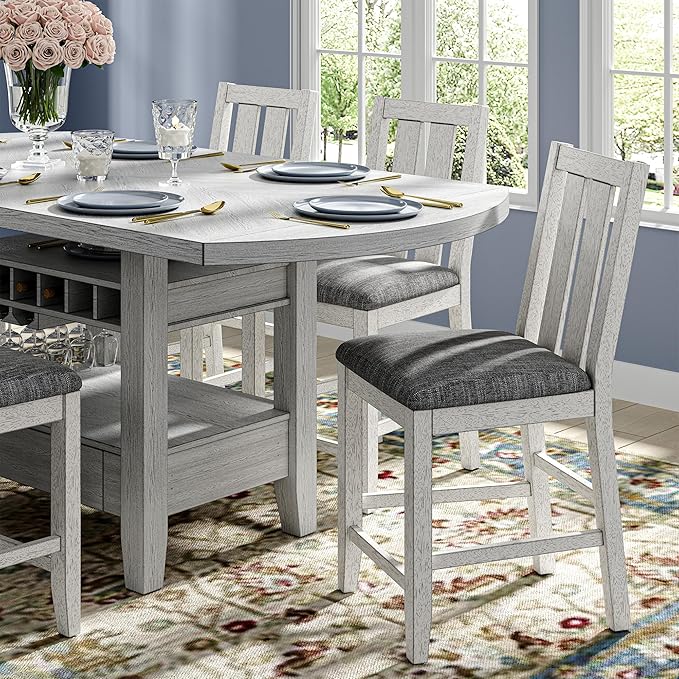 Solid Wood Dining Table Set for 6, Modern Breakfast Dinette Expandable Drop Leaf Kitchen Table with Chairs for Dining Room, Kitchen, Grey