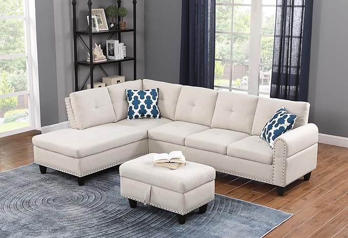 Evan Sectional Sofa or Couch with Ottoman for Living Room, Apartment, Bedroom, Office