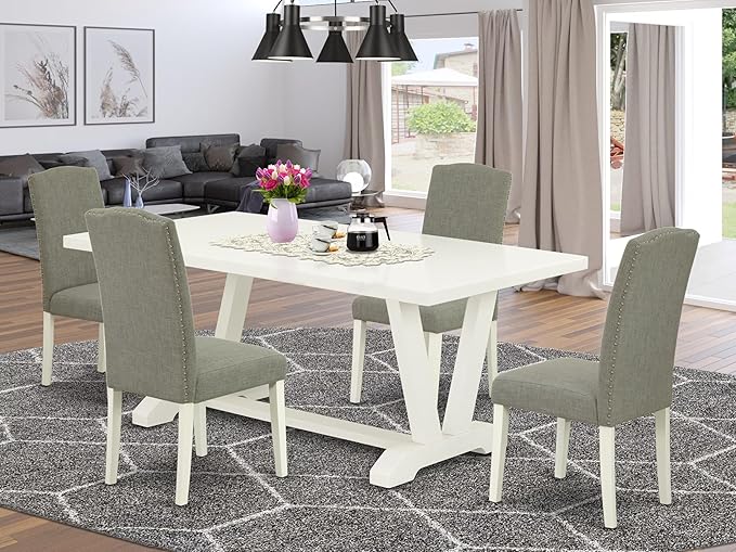 East West Furniture V027EN206-5 5 Piece Kitchen Table & Chairs Set Includes a Rectangle Dining Room Table with V-Legs and 4 Dark Shitake Linen Fabric Parsons Chairs, 40x72 Inch, Multi-Color