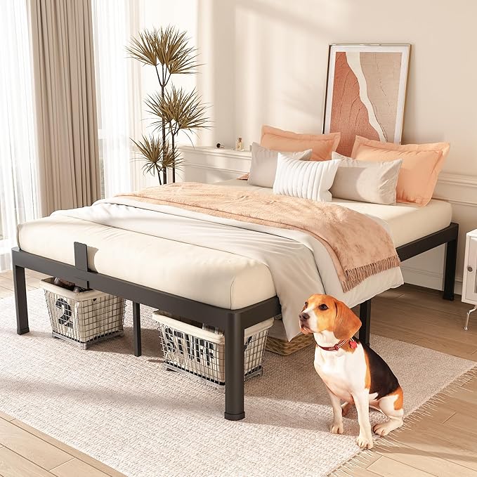 FUIOBYVV Queen Bed Frame with Round Corner Edge Legs 18 inch High 3500 lbs Heavy Duty Metal Platform Bed Frame Queen Size No Box Spring Needed/Non-Slip/Steel Slat Support/Noise Free