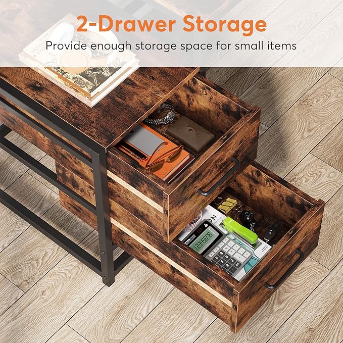 Tribesigns 55 Inch Computer Desk with 2 Drawers and Storage Shelves, Rustic Office Desk with Hutch, Study Writing Gaming Table Laptop Workstation for Home Office (Brown)