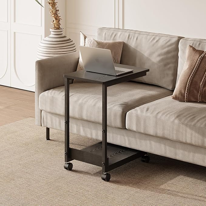 Side Table,C Table with 2-Tier Storage Shelf, End Table with Metal Frame, Sofa Table with Wheels for Living Room, Bedroom, Office, Bathroom, Easy Assembly, Black