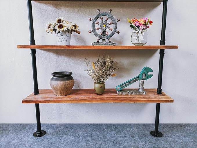 6 Tier Industrial Ladder Pipe Shelf Bookcase, Rustic Wall Mounted Pipe Bookshelves for Decor and Storage