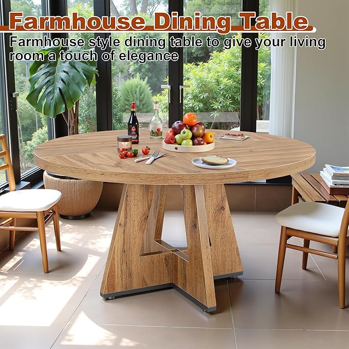 Round Dining Table for 4, 47 Inch Dinner Table Farmhouse Wooden Circle Kitchen Tables with Cross Base for Dining Room, Kitchen, Living Room, Retro Brown