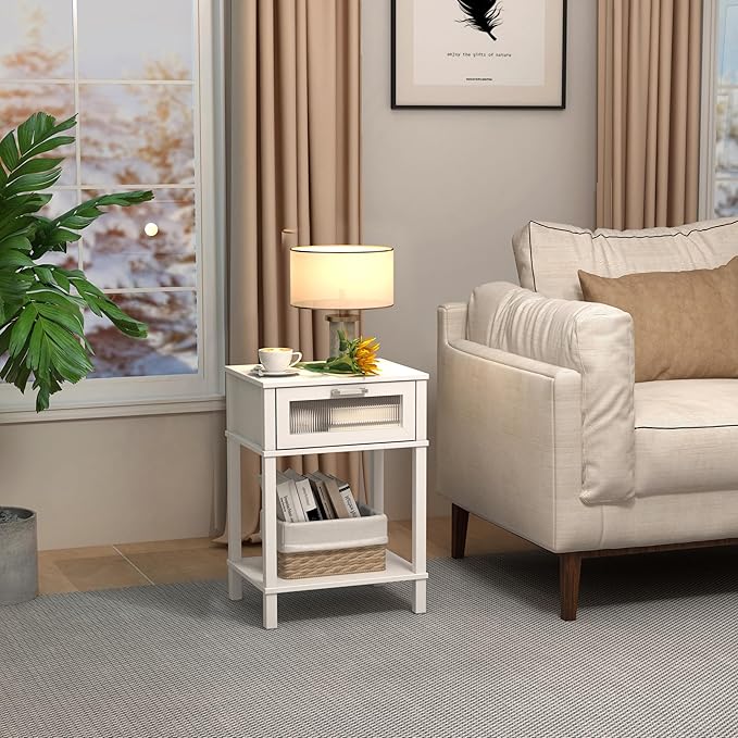 Nightstand Wooden Bedside Table with Drawer White Night Stands Modern Style Small End Table Side Table with Storage Shelf for Bedroom Living Room MLBZ10W