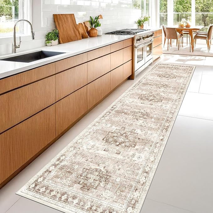 Non Slip Hallway Runner Rug - 2 x 10 Runner Rug, Washable & Waterproof Kitchen Floor Mat - Extra Long Neutral Farmhouse Boho Design Décor (2x10 Beige/Latte)