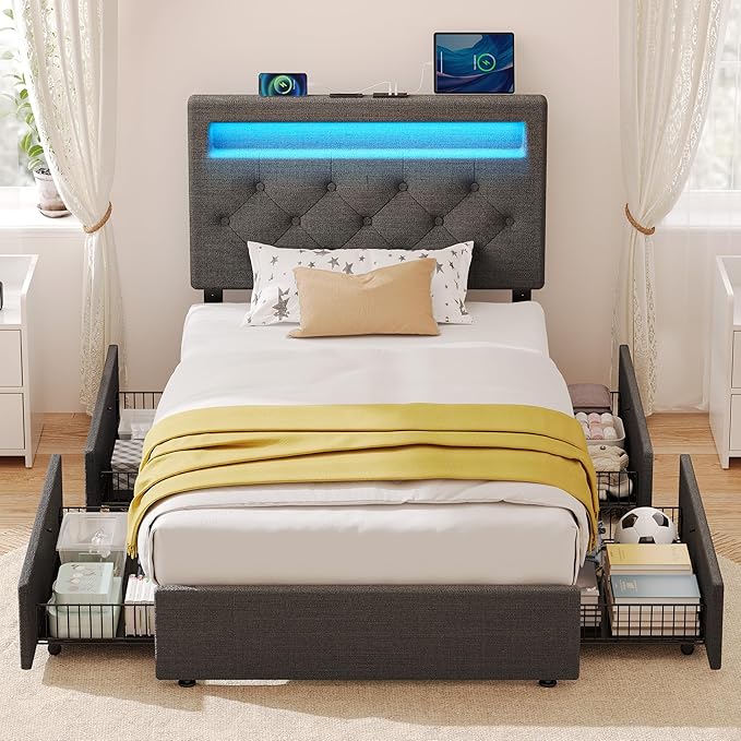 Rolanstar Twin Bed Frame with 4 Storage Drawers and Charging Station,Twin Bed with Led Lights, 2 USB & 1 Type C, Adjustable Headboard 38.9/40.8 Inches, No Box Spring Needed, Grey