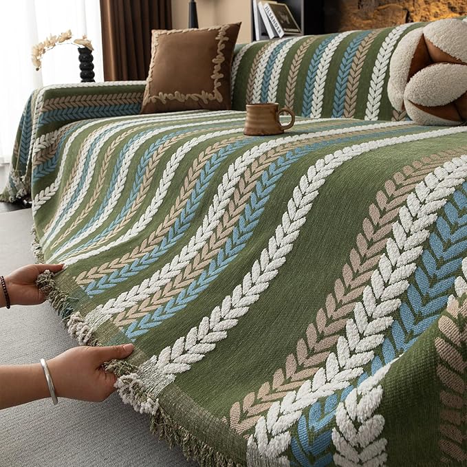STACYPIK Thick Jacquard Green Couch Cover, Washable Sofa Cover for 3 Cushion Couch, Washable Chenille Couch Cover Blanket, Multi-use Sofa Protector Slipcover, Furniture Protector Pet-Friendly-71X134IN
