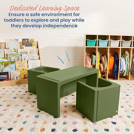 ECR4Kids Tri-Me Table and Cube Chair Set, Multipurpose Furniture, Hunter Green, 3-Piece