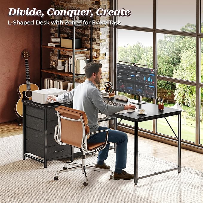 PRAISUN 43.3" Small Computer Desk with Power Outlets and USB-C Port, Reversible L Shaped Corner Office Desk with 4 Fabric Drawers and 2 Height-Adjustable Shelves, for Gaming Writing, Black