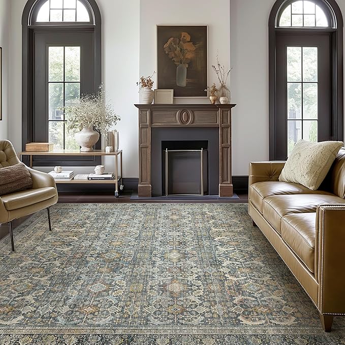 5X7 Area Rugs Machine Washable Rugs for Living Room, Vintage Boho Large Rugs for Bedroom Dining Room, Non Slip Indoor Soft Distressed Lightweight Thin Low Pile Carpet, Terracotta