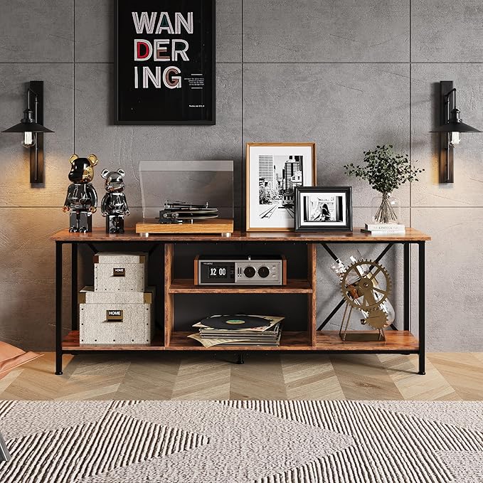 WLIVE TV Stand up to 65 Inch TV, 55" Entertainment Center, Industrial TV Console with Open Storage Shelf for Living Room and Bedroom, Rustic Brown