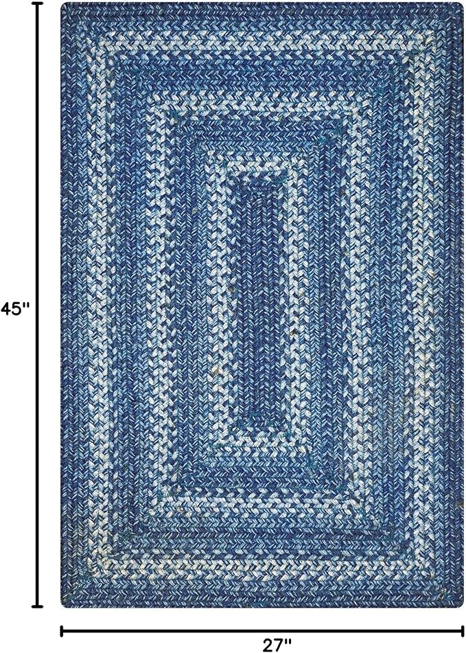 Homespice Denim Premium Jute Braided Area Rug, 27" x 45" Rectangular Blue - Navy - White, Reversible, Natural Jute Yarn Rustic, Country, Primitive, Farmhouse Style - 30 Day Risk Free Purchase