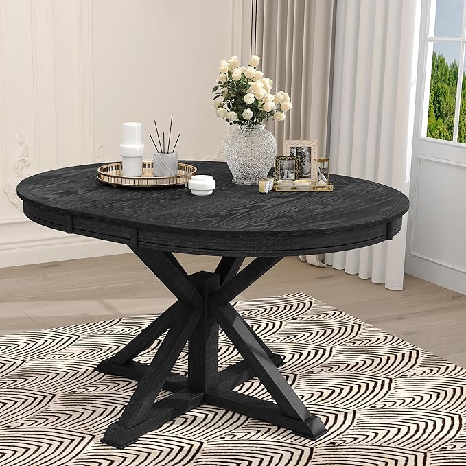 Need 42 Inch Round Dining Table Extendable to 54 Inch with 12" Leaf, Retro Expandable Kitchen Table for Dining Room & Living Room, Solid Wood (Espresso)
