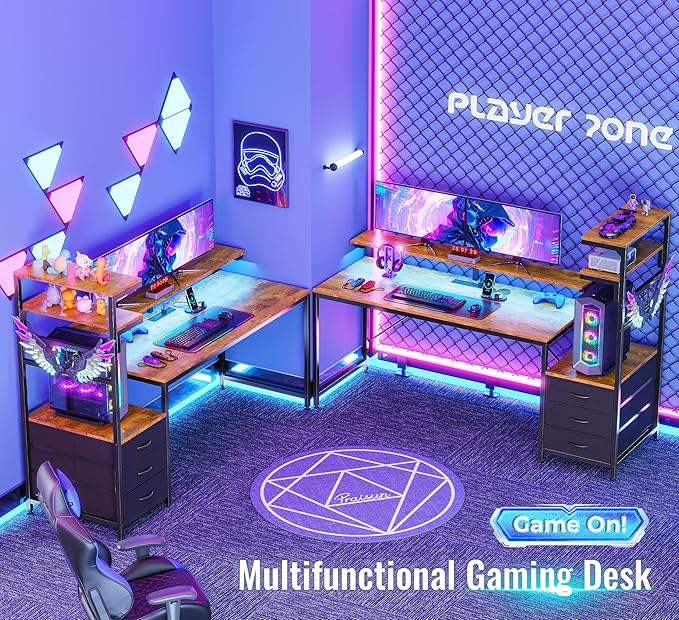 PRAISUN 61.7" Gaming Desk with LED Lights & Outlets, Computer Desk with 3 Fabric Drawers, PC Desk with PC Case Stand & Movable Storage Shelves, Monitor Stand, Reversible, Rustic Brown