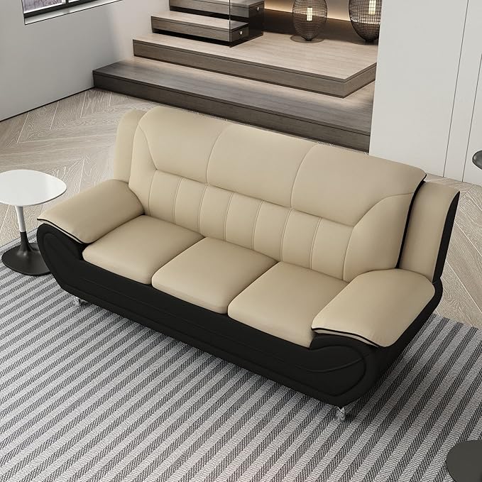 Container Furniture Direct Michael Modern Faux Leather Upholstered Stainless Steel Legs Living Room Sofa, Camel/Black