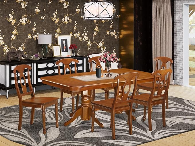 East West Furniture NANA7-SBR-W 7 Piece Kitchen Table Set Consist of a Rectangle Dining Table with Butterfly Leaf and 6 Dining Chairs, 40x78 Inch, Saddle Brown