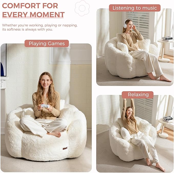 MAXYOYO Bean Bag Chair with 3 Pillows, Oversized Floral Shaped Bean Bag Sofa for Adults, Ultra Soft Faux Fur Floor Sofa, Large Stuffed Reading Chair for Living Room Bedroom, Beige
