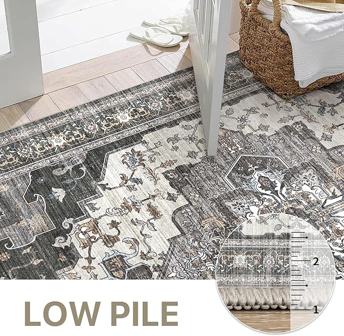 GENIMO 2X8 Hallway Runner Rug, Machine Washable Non Slip Vintage Floral Patchwork Runners, Thin Low Pile Chenille Carpet Runners for Entryway, Kitchen, Bathroom, Bedroom, Slate Gray