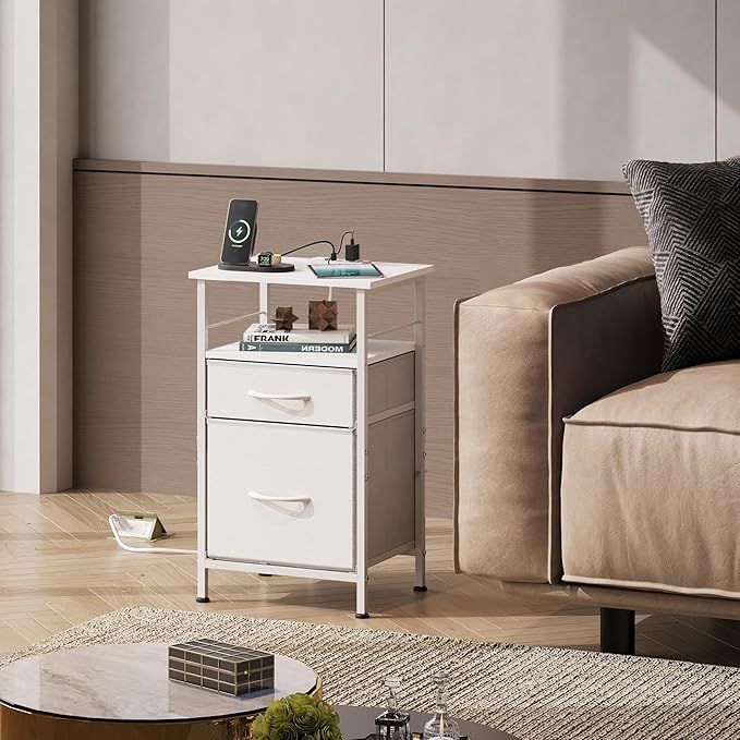 WLIVE Night Stand Set 2, White Nightstand with Charging Station, Nightstands for Bedroom Set of 2, Bedside Tables, Side Table with 2 Fabric Drawers, Small Dresser with USB Ports and Outlets