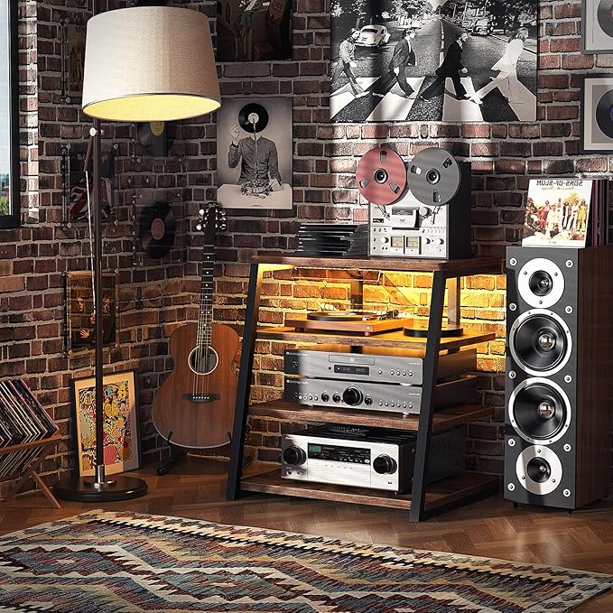 Armocity 4-Tier AV Media Stand with Power Strips, Stereo Stand with LED Lights, Audio Tower Rack with Adjustable Shelves, Small Entertainment Center, 30'', Rustic Brown