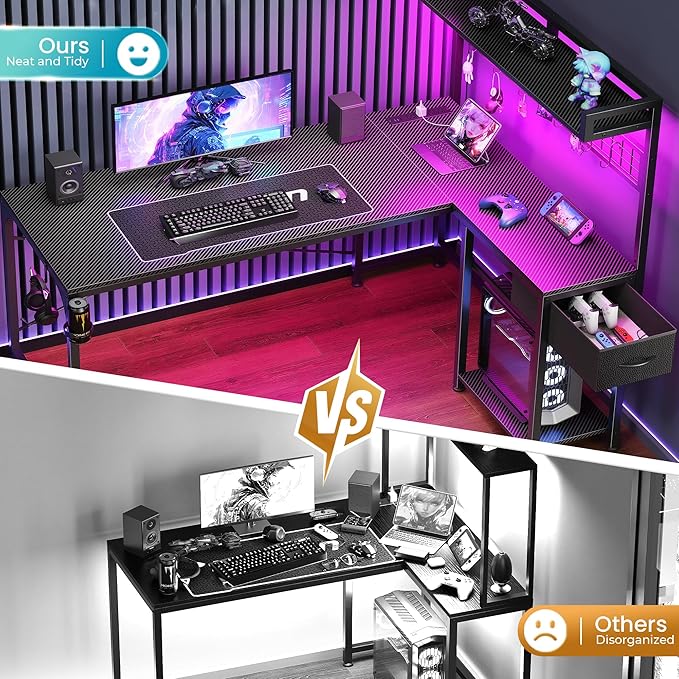 PRAISUN L Shaped Gaming Desk with Shelves, Corner Computer Table with LED Lights, Power Outlets and USB-C Ports, 50 Inch Home Office Desk with Storage Drawer, for Work and Study, Carbon Fiber Black