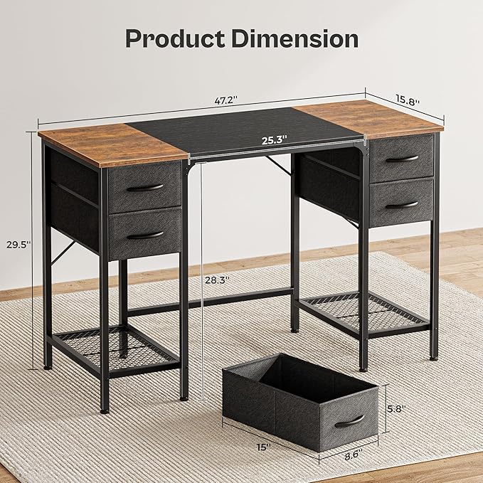 Huuger 47 Inch Computer Desk with 4 Drawers, Office Desk with Mesh Shelf, Gaming Desk, Large Storage, Writing Work Desk for Home Office, Study, Bedroom, Work from Home, Rustic Brown and Black