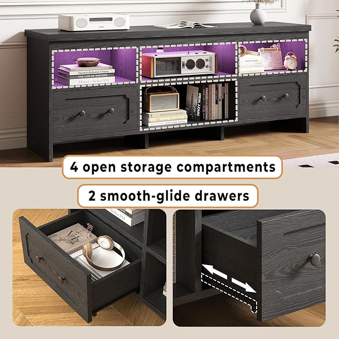 IRONCK TV Stand for 65 Inch TV, 55" LED Entertainment Center with Storage Cabinets, Power Outlets and Open Shelf, Media Console TV Cabinet with Drawers for Living Room, Black