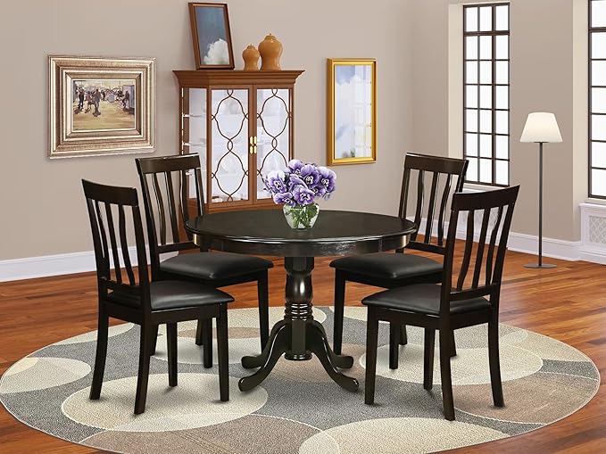 East West Furniture ANGA3-ABK-24 3 Piece Dinette Set for Small Spaces Contains a Round Kitchen Table with Pedestal and 2 Black Linen Fabric Parson Dining Chairs, 36x36 Inch, Wirebrushed Black