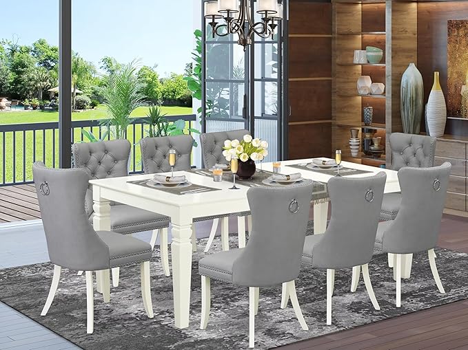 East West Furniture LGDA9-LWH-27 9 Piece Dining Room Set Includes a Rectangle Kitchen Table with Butterfly Leaf and 8 Polyester Fabric Upholstered Chairs, 42x84 Inch, linen white