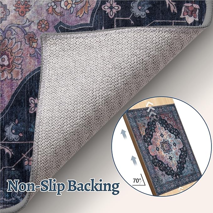 Tangsoo 2x10 Washable Runner Rug for Hallways, Non Slip Vintage Runner Soft Low Pile Long Rug Runner, Print Distressed Navy/Mlulti Carpet Runners for Kitchen Bedroom Entryway Bathroom Living Room