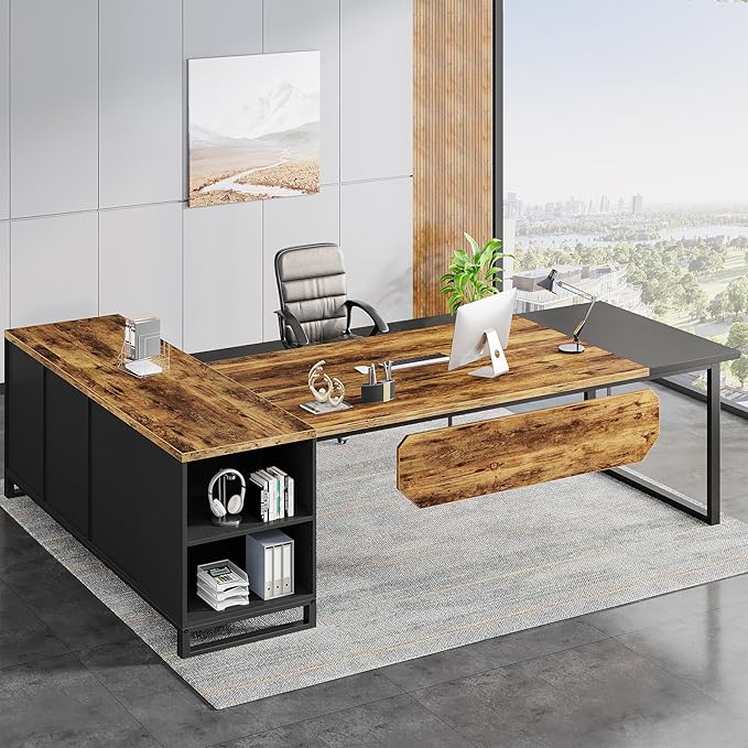 Tribesigns 70.8" Executive Desk with 55" File Cabinet, Modern L Shaped Computer Desk with Storage Shelves and Cabinet, Large L Shaped Executive Desk for Home Office, Rustic Brown & Black