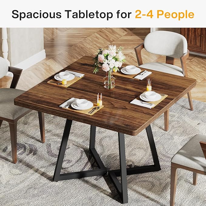 Tribesigns Square Dining Table for 4, 31.5" Industrial Dinner Table with Metal Base, Kitchen Table for Dining Room, Small Space, Apartment, Rustic Brown & Black