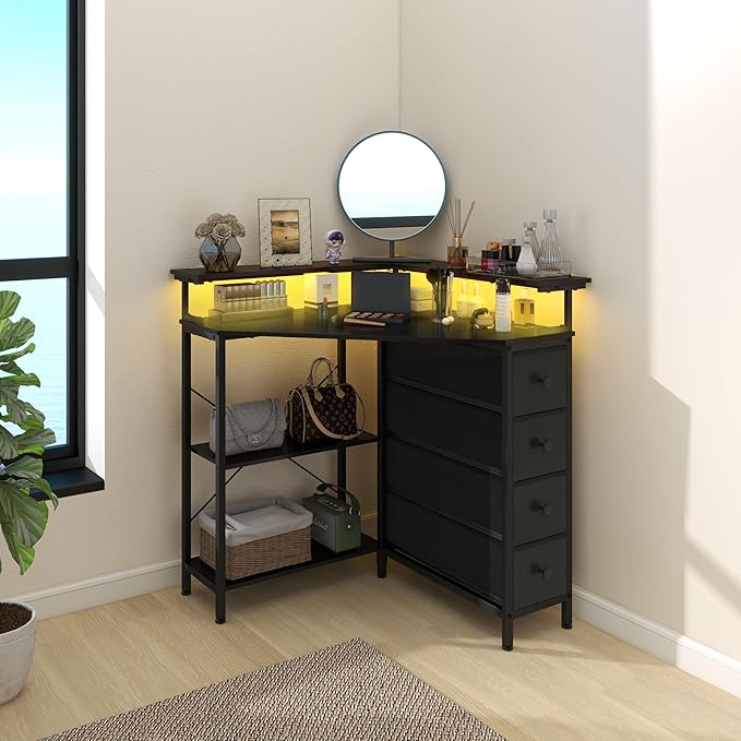 Corner Desk with Drawers Shelves for Small Space 90 Degrees Triangle Computer Desk with Power Outlets,Gaming Desk with LED Lights Monitor Stand for Home Office Workstation Writing Table (Black)