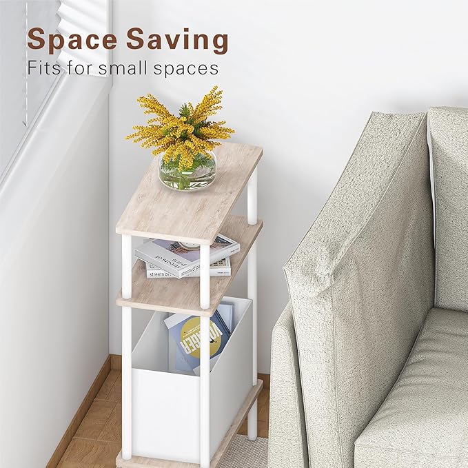Narrow Side Table with Fabric Basket, Set of 2 End Table for Small Spaces, Slim Nightstand with 3-Tier Storage Shelf, Sofa Beside Table, for Living Room, Bed Room, Natrual Oak