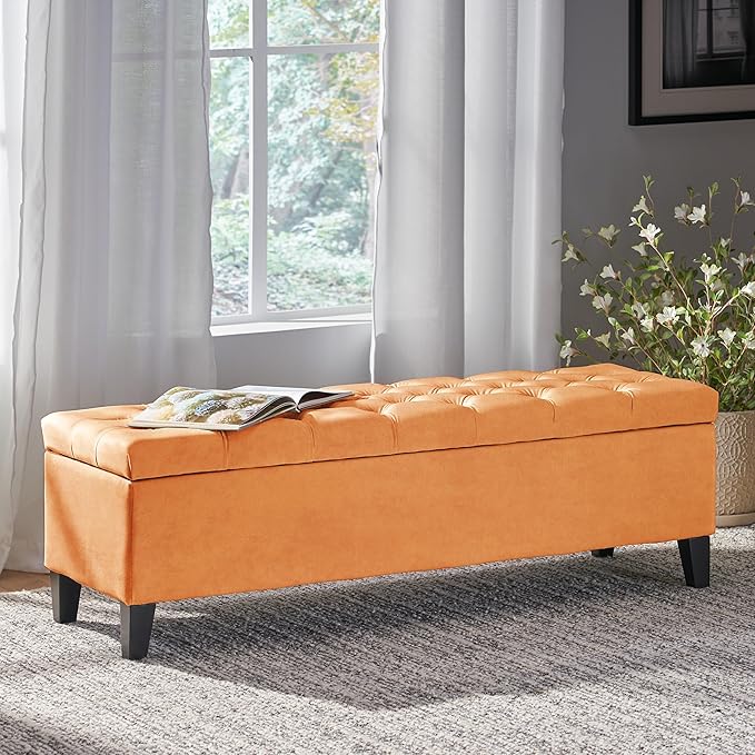 Christopher Knight Home Gloust Velvet Storage Ottoman, Upholstered Rectangular Storage Bench, Living Room Seating, Tufted BottonFoot Rest Stool for Home Office, Entryway and Bedroom, Orange