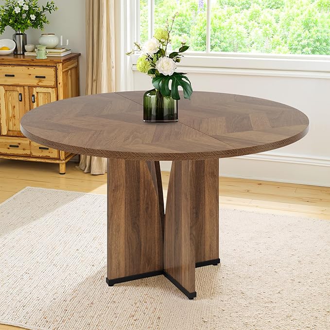 Round Dining Table for 4, 39 Inch Small Dinner Table Farmhouse Wooden Circle Kitchen Tables with Cross Base for Dining Room, Kitchen, Living Room, Brown