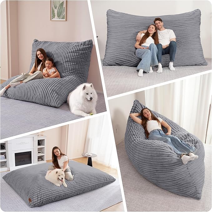 HABUTWAY 4-in-1 Bean Bag Chair, Convertible Chair with High-Density Memory Foam Filling & Machine Washable Cover, Giant Bean Bag Chair for Adults (Grey)