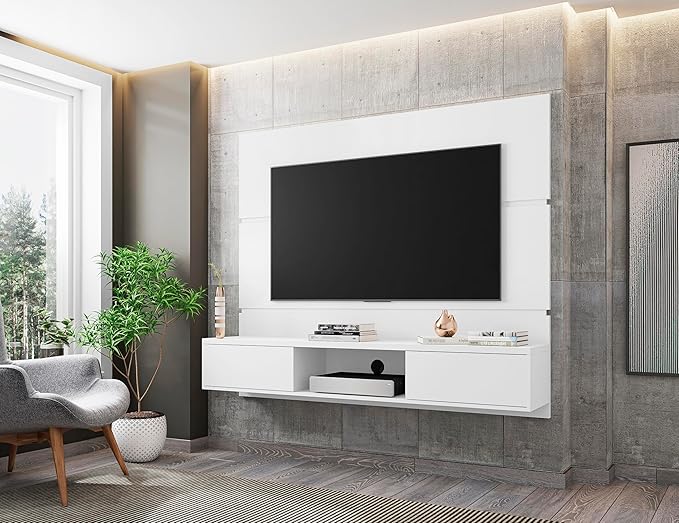 Manhattan Comfort Vernon 62" Floating Entertainment Center, Wall Mounted TV Stand for 55'' Television with Concealed & Open Storage, Hole for Cable Management, White