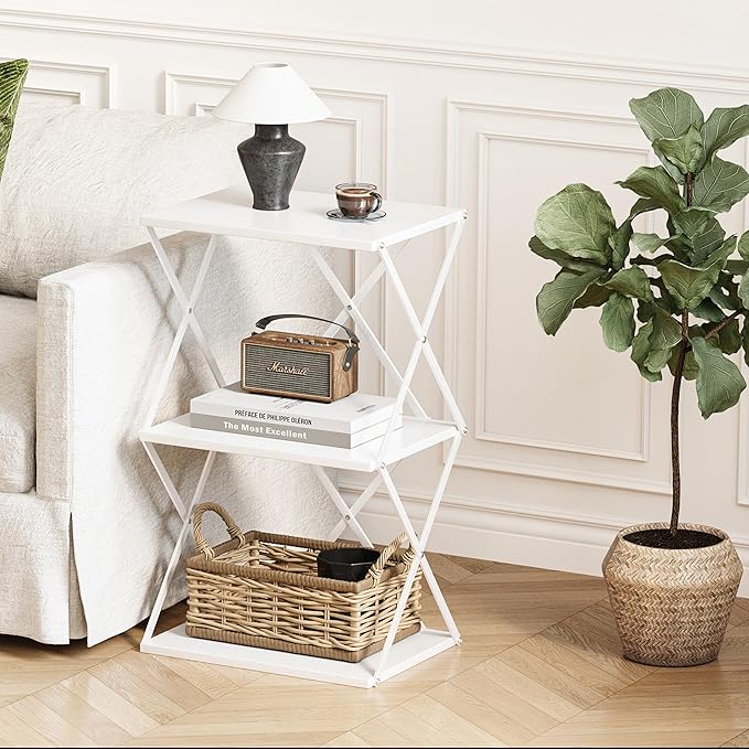 3-Tier End Table Small Side Table Tall Bedside Night Stand with Storage Sofa Side desks for Living Room Bedroom Office Bathroom Small Space White ET-03W