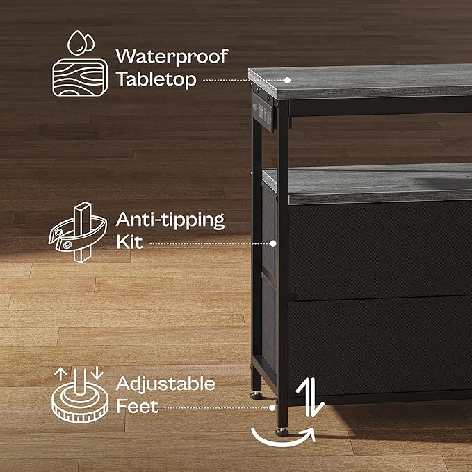 Huuger LED TV Stand for Bedroom, 55 Inch Fabric Dresser with Power Outlets, Entertainment Center for 60, 55, 50 Inch TV, 6 Drawer Dresser for Bedroom, Chest of Drawers with Shlef, PU Leather, Grey